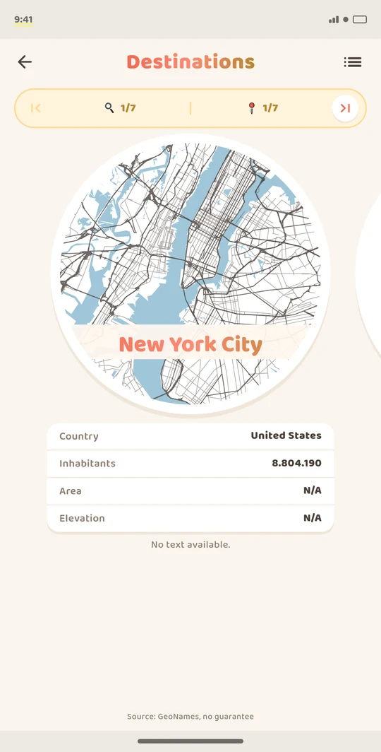 App screenshot: destinations with collected cities