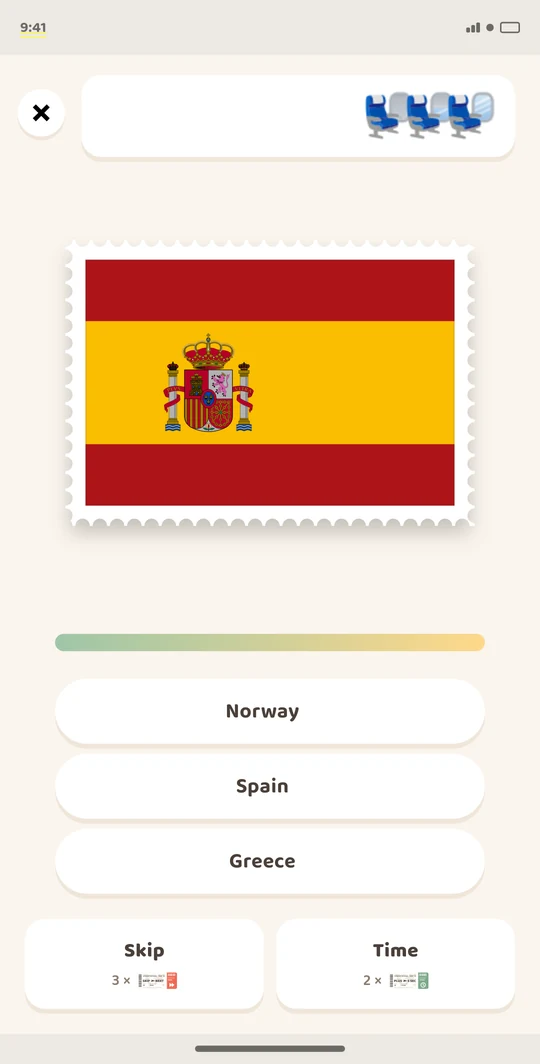 App screenshot: flag question with three answers and a timer