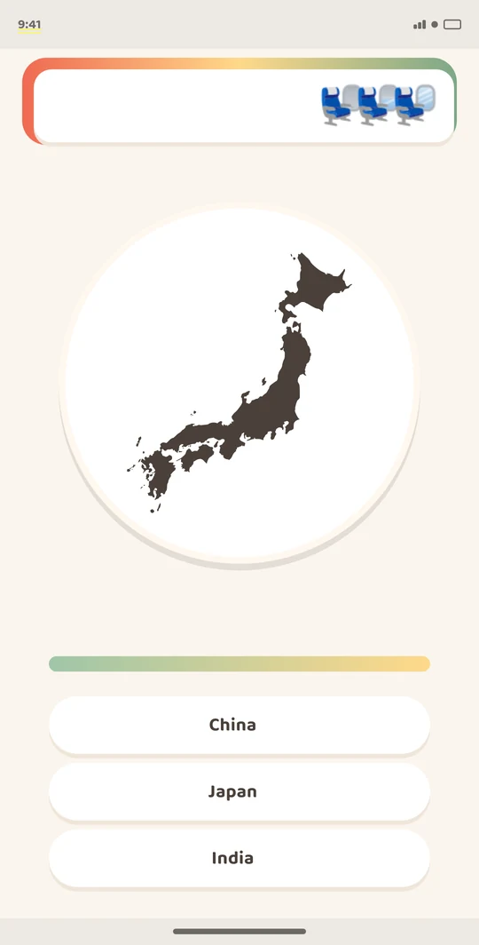 App screenshot: country outline question with three answers