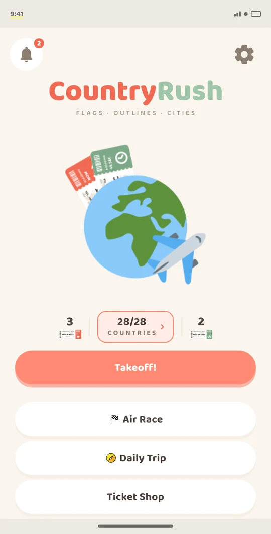 App screenshot: start menu with best score and tickets