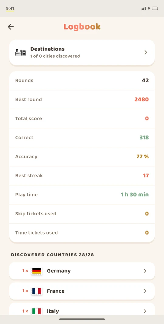 App screenshot: flight log with rounds, accuracy and streak