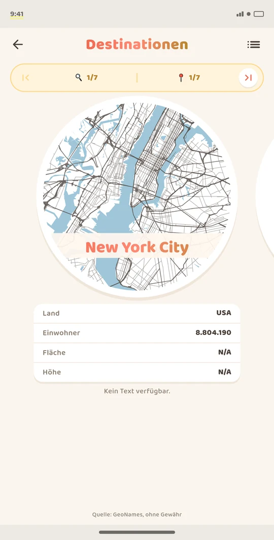App-Screenshot: Destinationen mit gesammelten Städten