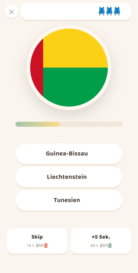 App-Screenshot: Flaggen-Frage mit drei Antworten und Timer