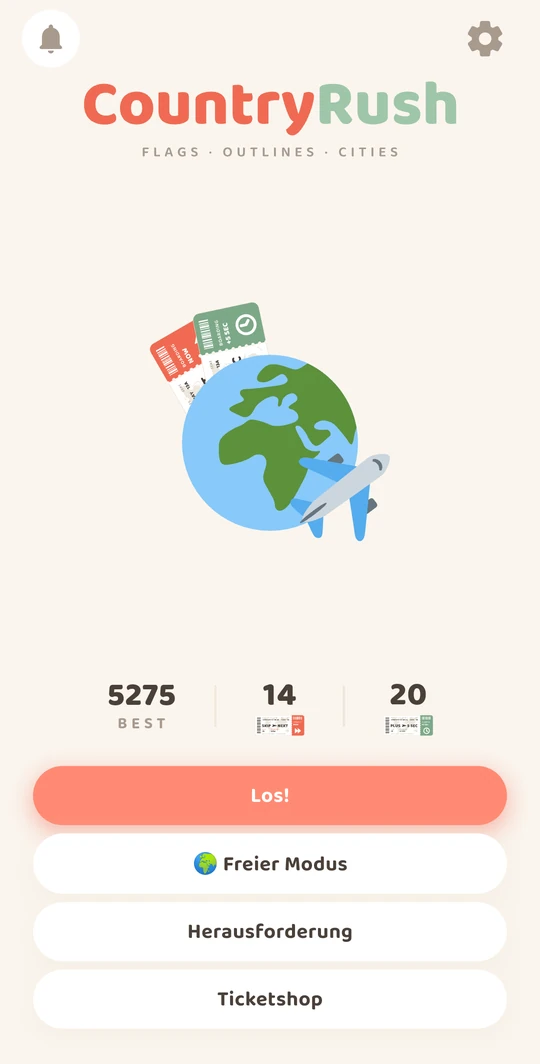App-Screenshot: Startmenü mit Bestwert und Tickets