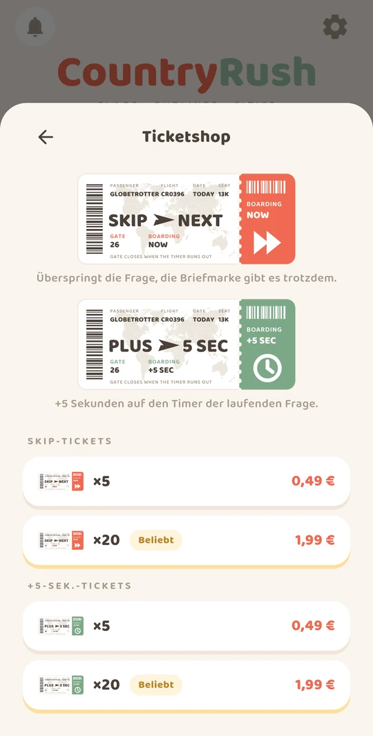 App-Screenshot: Ticketshop mit Skip- und Zeit-Tickets