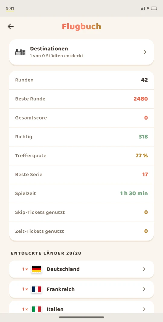App-Screenshot: Flugbuch mit Runden, Trefferquote und Serie